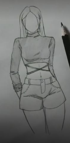 a pencil drawing of a woman's back with her hands on her hips and wearing shorts