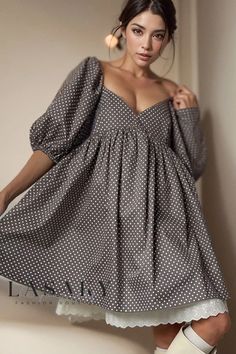 Lasaky - V-Neck Puff Sleeve Lace Trim Polka Dot Babydoll Mini Dress Babydoll Dresses, Babydoll Mini Dress, Dot Print Dress, Office Dresses For Women, Mini Dress Fashion, High Waist Dress, Patchwork Dress, Puffed Sleeves Dress, 가을 패션