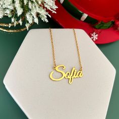 925 Sterling Silver Sofia name necklace for Christmas. A personalized jewelry for Christmas gift. This 14k gold name necklace is made of silver and gold plated according to order. You can have your name or any word you like with this custom name necklace. Make sure to check out my other name necklace styles. Sterling Silver Name Necklace, Custom Name Necklace, Personalized Jewelry, Baby Name Necklace, Birthday Gift Ideas, Christmas Gift For Her Just the way you want it. Use your name or a loved Gold Name Necklace For Christmas Birthday Gift, Christmas Name Necklace For Birthday Gift, Customized Silver Name Necklace For Christmas, Personalized Silver Name Necklace For Christmas, Birthday Yellow Gold Name Necklace, Christmas Silver Custom Name Necklace, Christmas Custom Name Silver Necklace, Nameplate Necklace For Birthday Gift And Christmas, Custom Name Gold Necklace For Gift