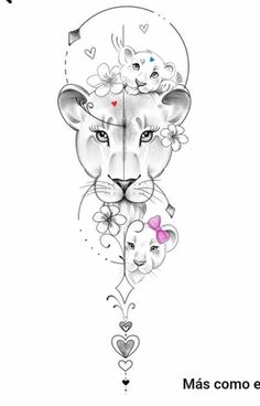 a drawing of a lion with flowers on it's head and hearts around its neck