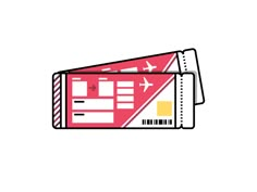 a pink ticket with an airplane on the back and bar code attached to it, in front of a white background