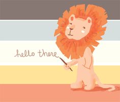 a cartoon lion holding a wand and writing hello there