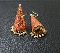 Beautiful Handmade Red-Golden Jhumkas Earrings, Wedding Jhumkas. Light Weight Earrings. Pearl Jhumkas Earrings. Meenakari (Enamel) Earrings. Penjabi Jhumkas Earrings. Pearl Jhumkas, Jhumkas Earrings, Earrings Pearl, Jhumka Earrings, Earrings Wedding, Enamel Earrings, Light Weight Earrings, Indian Wedding, Dangle Drop Earrings