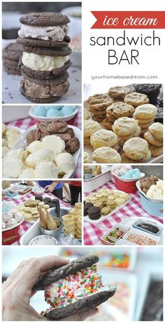 an ice cream sandwich bar is shown with cookies and other desserts on the table