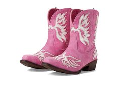 Roper Amelia - Cowboy Boots : Pink : Get into the spirit of the Southwest with the classic style of the Amelia boot from Roper. Synthetic leather upper. Features faux leather overlays with intricate stitching detail. Pull-on boot with side pull loop for easier entry. Soft man-made lining for a comfortable fit and feel. Cushioned man-made insole for all-day comfort. Snip toe. Western fashion heel. Lightweight synthetic outsole with rubber heel cap for added traction. Imported. Measurements: Heel Spring Rodeo Moto Boots With Round Toe, Spring Western Moto Boots With Round Toe, Western Style Moto Boots With Round Toe For Spring, Spring Western Style Moto Boots With Round Toe, Pink Leather Moto Boots With Round Toe, Western High-top Boots For Spring, Western Style Faux Leather Mid-calf Boots With Round Toe, Pink Leather Mid-calf Boots For Fall, Western Ankle-high Faux Leather Boots