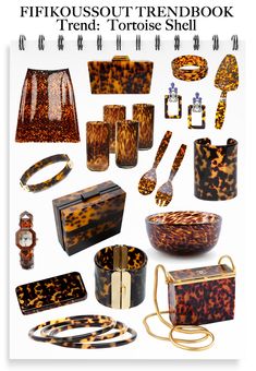 an assortment of animal print items on a white background with text that reads, fifitousout trendbook trend tortoise shell