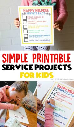 two children at a table with the text simple printable service projects for kids on it