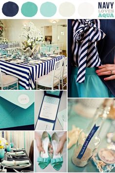 a collage of photos with blue and white colors, including striped table cloths