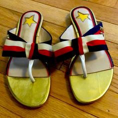 Very Cute Red White And Blue Gucci Sandals For Sale. Size 39 Eur-I Would Say About A 7-7.5 Women’s Size Shoe. Blue Leather Gucci Sandals, Blue Gucci Leather Sandals, Gucci Blue Leather Sandals, Gucci Designer Sandals With Red Sole, Blue Open Toe Gucci Sandals, Gucci Red Open Toe Sandals, Red Gucci Sandals For The Beach, Designer Sandals With Red Sole For Summer, Chic Red Gucci Sandals