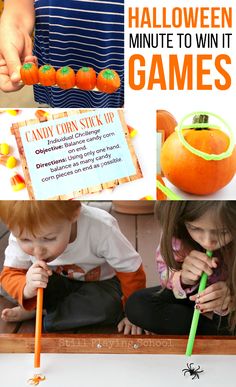 there are pictures of children playing with halloween games