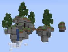 an image of some trees and rocks in minecraft with blue sky behind them,