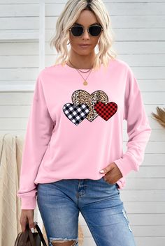 Pink Plaid Leopard Hearts Print Drop Sleeve Pullover Sweatshirt Trendy Heart Graphic Sweater For Fall, Spring Sweater With Heart Print, Oversized Crew Neck Sweater With Heart Print, Oversized Heart Print Casual Tops, Casual Oversized Heart Print Tops, Oversized Long Sleeve Top With Heart Graphic, Cute Heart Print Tops For Winter, Oversized Heart Print Sweater For Fall, Casual Heart Print Sweater For Spring