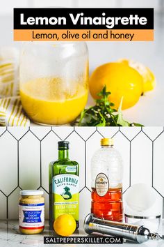 lemons, olive oil and honey are on the counter in this collage with text overlay