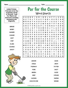 a word search page with the words'par for the course'in green and white