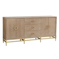 the sideboard is made from wood and has two brass handles on each side, one with