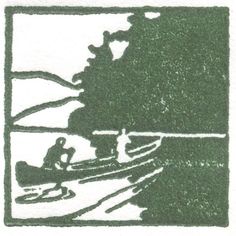 a drawing of a man in a boat on the water with trees and hills behind him