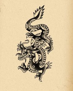 a black and white drawing of a dragon