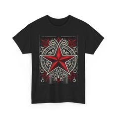 This red star Gothic T-Shirt exudes a dark and edgy vibe, perfect for those who love alternative fashion and unique designs. It can be worn casually or for special occasions, adding a touch of individuality to any outfit. Ideal for fans of Gothic style or those looking to make a bold statement during Halloween or other themed events. Product features - Shoulder tape for added stability - Tubular knit construction for a seamless look - Ribbed knit collar for shape retention - Made from strong and smooth fabric perfect for printing - Classic fit and tear-away label for comfort and ease of wear Care instructions - Machine wash: warm (max 40C or 105F) - Non-chlorine: bleach as needed - Tumble dry: medium - Do not iron - Do not dryclean Star Graphic, Graphic Print Shirt, Themed Events, Rock T Shirts, Fashion Top, Red Star, Gothic Style, Knit Collar, Print Shirt