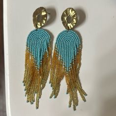 Perfect Condition. Never Worn. Blue Fringe Earrings, Trendy Blue Fringe Earrings, Blue Fringe Drop Earrings, Blue Fringe Tassel Drop Earrings, Bohemian Blue Fringe Tassel Earrings, Ombre Fringe Earrings, Fur Purse, Free People Jewelry, Gold Fringe