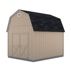 a tan shed with a black roof