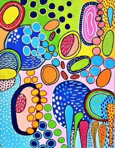 an abstract painting with circles and dots on it's surface, in bright colors