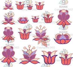 an image of flowers with different shapes and sizes on them, all in red and purple