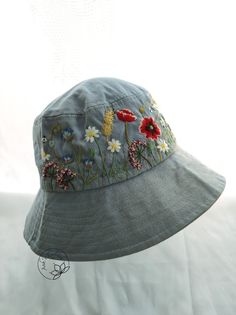 Hand Embroidery Poppies and Cornflowers Bucket Hat - Etsy Vietnam Embroidered Summer Hat With Short Brim, Summer Embroidered Short Brim Hat, Summer Brimmed Hats With Embroidery, Embroidered Brimmed Sun Hat For Summer, Spring Embroidered Brimmed Hat, Embroidered Summer Bucket Sun Hat, Embroidered Brimmed Spring Hats, Custom Embroidered Summer Hats With Adjustable Fit, Spring Hats With Floral Embroidery