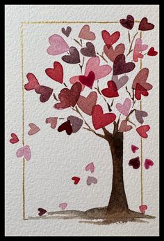 a watercolor painting of a tree with hearts on it's branches and a gold frame