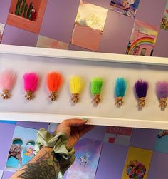 a person holding up a shelf with lots of colorful hair