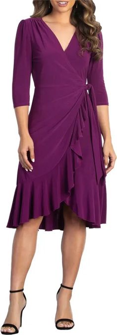 Purple Wrap Dress, Magenta Dress, Fab Dress, Ruffle Wrap Dress, Travel Clothes, Travel Clothes Women, Midi Wrap Dress, Surplice Neckline, Dress The Population