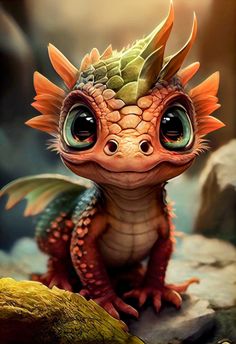 an adorable little dragon sitting on top of a rock