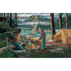 a painting of two men camping in the woods