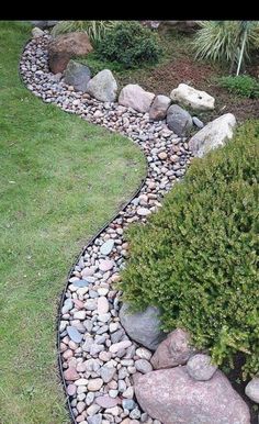 a garden with rocks and plants in the center, along side it is a gravel path