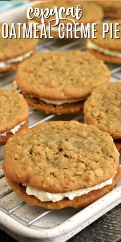 several oatmeal creme pies on a cooling rack with text overlay