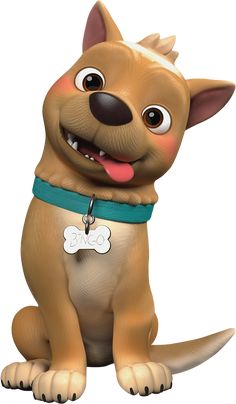 a cartoon dog with a tag on it's collar, sitting down and smiling