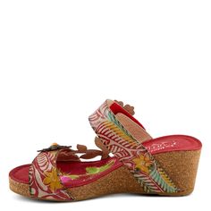 L`ARTISTE Style: MOAI Slip into these beauties and let the floral asymmetrical design steal the show! This style has the vibrant, hand-painted colors, the comfort, and the adjustability- what more could one ask for? Upper: Leather Lining: Faux Leather Insole: Microsuede Outsole: Rubber Closure: Hook and Loop Heel Height: 2 1/4" Platform Height: 3/4" Features: - The asymmetrical floral design adds a delightful touch of whimsy to any outfit. - Thanks to the convenient hook and loop closures, your Adjustable Tropical Sandals For Spring, Open Toe Tropical Sandals For Spring, Tropical Open Toe Sandals For Spring, Red Bohemian Sandals For Spring, Adjustable Multicolor Wedge Sandals For Spring, Adjustable Multicolor Wedge Sandals, Hand Painted Round Toe Sandals For Summer, Hand Painted Open Toe Sandals For Spring, Casual Hand Painted Sandals For Summer