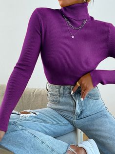 Turtleneck Ribbed Knit Sweater Without Necklace,Long Sleeve Tops Purple Casual  Long Sleeve Fabric Plain Basic Tops High Stretch Spring/Fall Women Clothing, size features are:Bust: ,Length: ,Sleeve Length: Purple Sweater Outfit, Purple Top Outfit, Pullovers Outfit, Turtleneck Outfit, Pullover Outfit, Purple Outfits, Ribbed Knit Sweater, Inspired Outfits, Basic Outfits