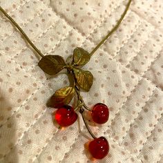 Solid Gold Chain With Hand Crafted Gold Leaves And Blown Glass Cherry Pendant Cherry Pendant, Solid Gold Chains, Gold Leaves, Blown Glass, Gold Leaf, Gold Chain, Gold Chains, Glass Blowing, Womens Jewelry Necklace