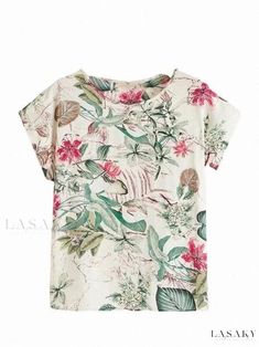 Lasaky - Cotton and Linen Printed Short-sleeve Casual Shirt with a Simple and Loose Fit Tropical Print Top, Rose Rouge, Minimalist Prints, Mua Sắm, Plus Size Blouses, Denim Outfit, Casual Shirt, Tropical Print, Cap Sleeve