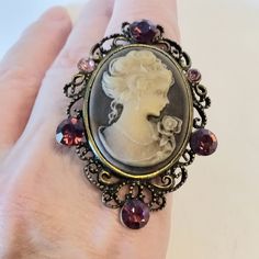 Cameo Jewelry, Cameo Ring, Bowling Green, Metal Work, Pink Rhinestones, Dark Academia, Statement Ring, Rings Statement, Bowling