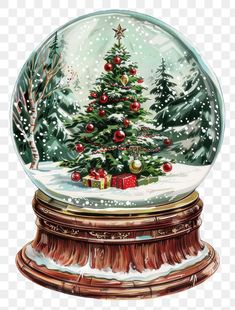 a snow globe with a christmas tree in it and presents under the glass dome, hd png