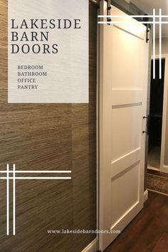 the front door to lakeside barn doors in white and brown with text overlay that reads lakeside barn doors