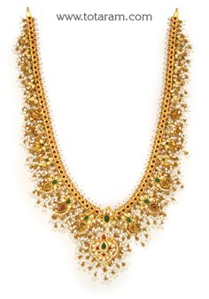 22 Karat Gold Guttapusalu Long Necklace for Women with Cz, Pearls & Beads (Gutta Pusalu) - 235-GN3645 - in 186.700 Grams for USD $13038.59. 
Made in India by Totaram Jewelers Online this product is in Gold - 22 Karat BIS Hallmark 916 KDM Gold  & is an excellent gift for Adult - Women. Ships fully insured with secured guaranteed delivery for free with your order over $250 from New Jersey USA & comes with 30 days exchange policy. Indian Gold Necklace Designs, Gutta Pusalu, 22k Gold Necklace, Temple Jewelry Necklace, Gold Necklace Indian, 22k Gold Jewelry, Gold Jewelry Indian, Gold Necklace Designs, Jewelry Design Necklace