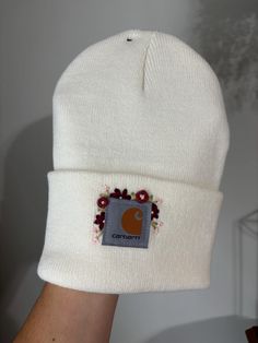 Adult Carhartt Beanies that are ready to ship! Each of these beanies is hand embroidered with lots of love. They make the perfect gifts going into this holiday season! Carhartt Beanie Embroidery, White Carhartt Beanie, Embroidery Hats, Embroidery Hat