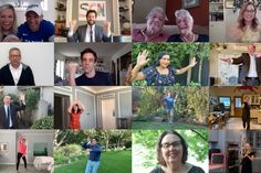 a collage of people doing different things in the same photo, including an older man and woman