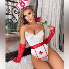 White And Red Bodysuit With Accessories- Sexy Nurse Costume For Halloween. Never Worn, Still In Packaging. Size Medium White Bodysuit For Halloween Costume Party, Diy Nurse Costume, Girl Under Water, Diy Nurse, Women Bedroom, Christmas Dress Up, Cacique Bras, Nurse Costume, Teddy Bodysuit