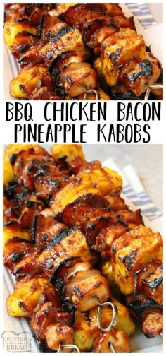 bbq chicken bacon pineapple kabobs on a white plate with text overlay