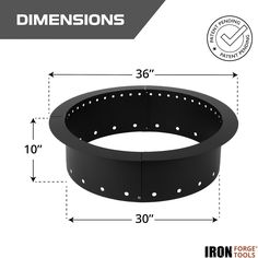 an image of a black metal ring with holes on the side and measurements for it