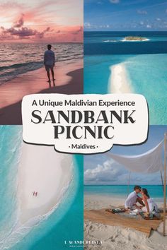 a man and woman are sitting on the beach in front of an advertisement for sandbank picnic