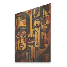 an abstract painting on wood with faces and lines in brown, yellow and orange colors